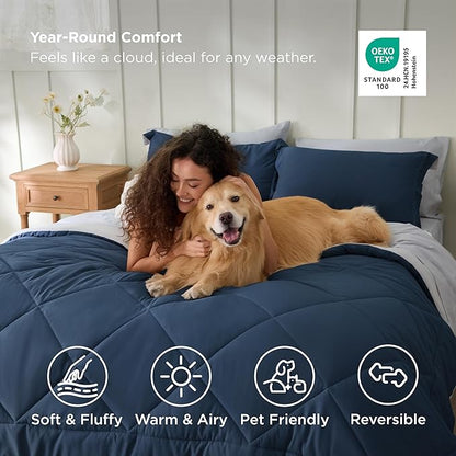 Bedsure Oversized Queen Comforter Set - 7 Pieces Reversible Navy Bedding, Oversized Queen Size Bed Set for All Seasons, Bed in a Bag with Down Alternative Comforter, Sheets, Pillowcases & Shams