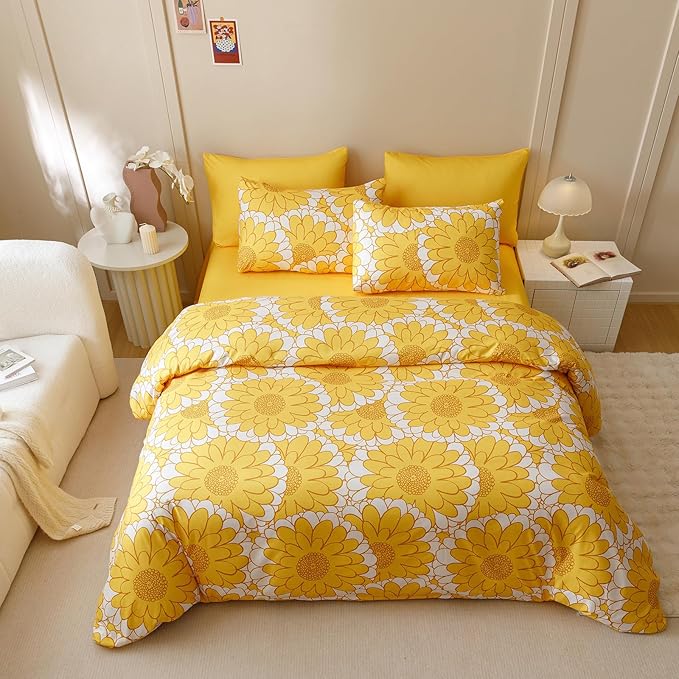 Wellboo Yellow Sunflower Comforter Sets Queen Boho Yellow Floral Bedding Set Cotton Women Girls White and Yellow Botanical Quilt Summer Floral Comforter Large Flower Plant Blankets Garden Bohemian Bed