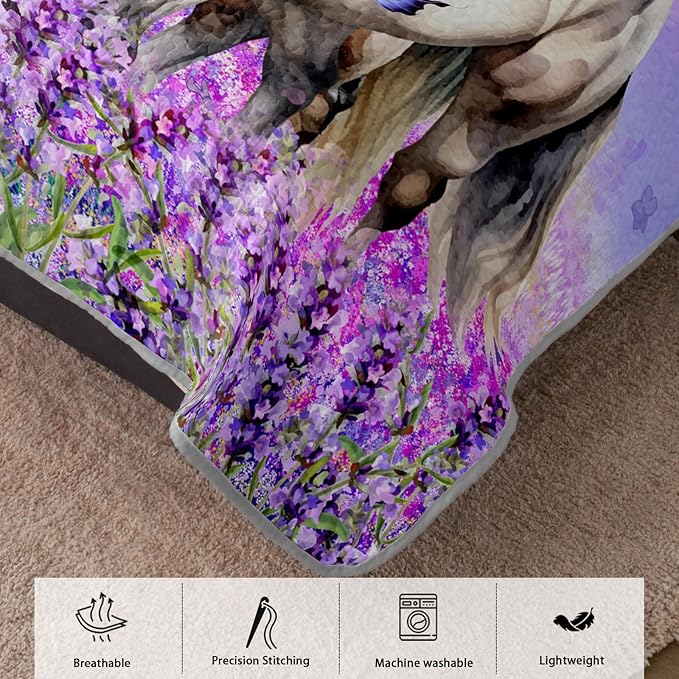 AILONEN Quilt Set Twin Size, Purple Floral Horse Soft Bed Cover Bedding Set for Kids and Adults, Farmhouse Lightweight Bedspread Coverlet with 2 Pillowcases All Season