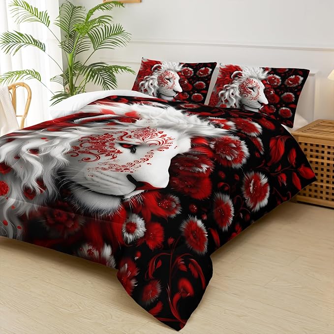 Red and Black Lion Full Size Comforter Set for Men，Full Size Quilt Bedding Set Floral，Wild Animal Print Comforter Set，with 1 Comforter with 2 Pillow Case