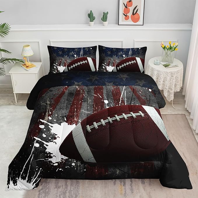 American Flag Comforter Set American Football Graffiti Printed Bedding Set with 1 Comforter and 2 Pillowcases for Boys and Girls Bedroom All Season(Football-2 Queen)