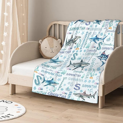 Personalized Baby Blanket for Girls Boys Shark Ocean Custom Baby Blanket with Name Swaddle Blanket for Toddlers Infants Kids Shower Newborns Nursery Stroller Crib Decor Throw Birthday Gift
