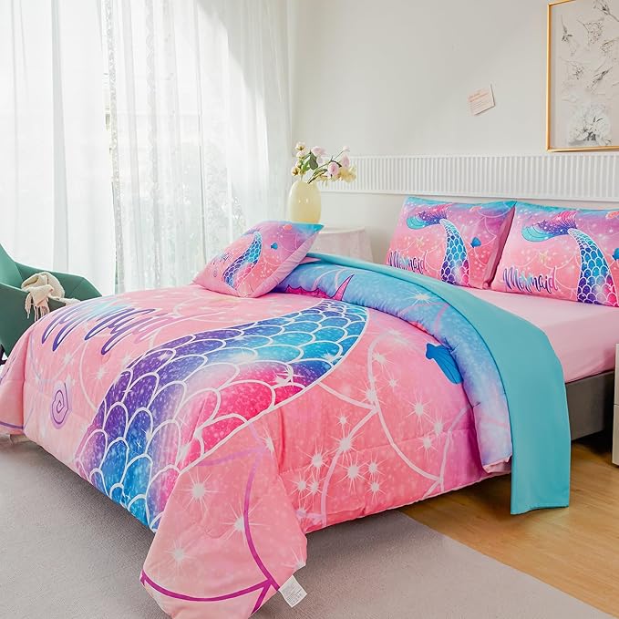RYNGHIPY Mermaid Kids Girls Comforter Set Queen Size Pink Blue Gradient Fish Tail Bed in a Bag - Includes Comforter & Sheet Set for Teens Girls Super Soft Kids Bedding