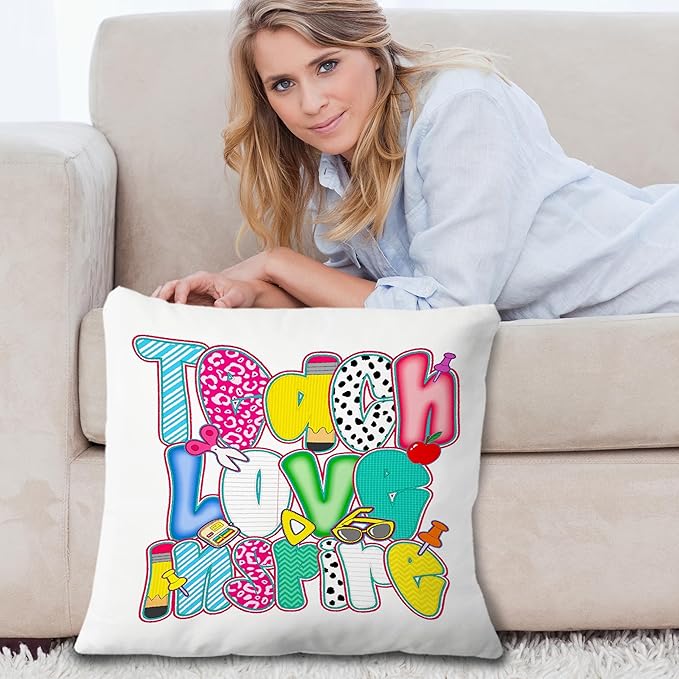 Teacher Appreciation Gifts Pillow Covers 18x18, Back to School Gifts for Teachers, Teacher Gifts First Dat of School, Teach Love Inspire Trendy Pillow Covers for Teachers
