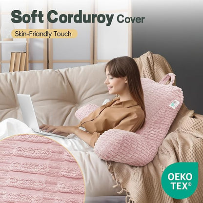 21" Higher Large Reading Pillow for Bed Adult, Back Pillow for Bed Sitting Up with Memory Foam Back Support with Arms Rest for Couch Chair Pink