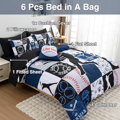 A Nice Night Sports Geometric Grid Black Patchwork Baseball Printed for Boys Queen 6Pcs Bed in A Bag Comforter Bedding Set,Blue