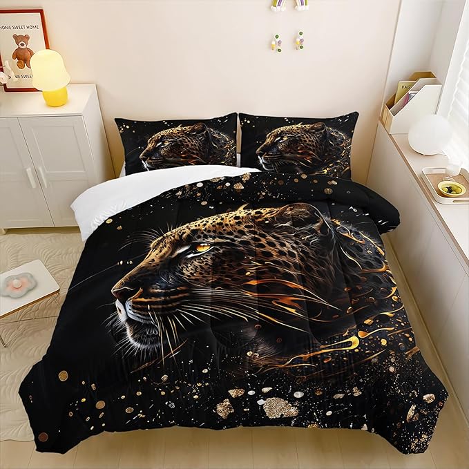 Wild Tiger Comforter Set Queen Size, 3D Black Cheetah Lover Bedding Set for Mens Adults and Teens, 3 Pieces Wild Animal Comforter Set for Room Decor, 1 Quilt and 2 Pillow Shams