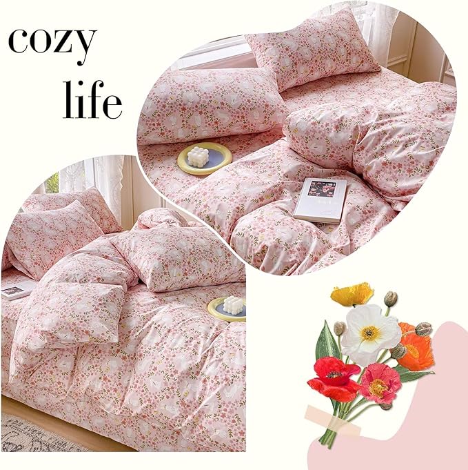 BuLuTu Flowers Rabbit Pattern Pink Duvet Cover Twin, Cute Bunny Duvet Cover for Girls Toddlers Kids 100% Cotton Bedding Set, Animal Twin Comforter Cover 2 Pillow Shams, Zipper Closure