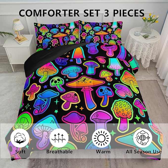Mushroom Comforter Set Kids Bedding Set Twin,3Pcs Colorful Soft Black Gradient Mushroom Quilt Set Bed in A Bag with 1 Comforter 2 Pillowcases for Kids Boys Girls Teens Adults Room Decor All Season