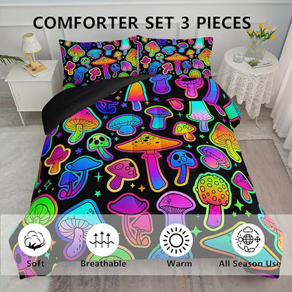 Mushroom Comforter Set Kids Bedding Set Twin,3Pcs Colorful Soft Black Gradient Mushroom Quilt Set Bed in A Bag with 1 Comforter 2 Pillowcases for Kids Boys Girls Teens Adults Room Decor All Season