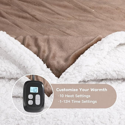 Electric Heated Blanket Twin Size - 62"x84", Soft Flannel Heating Blanket, 10 Heating Levels, 1-12 H Auto Shut Off, Breathable Warm and Washable for Bed, Light Brown
