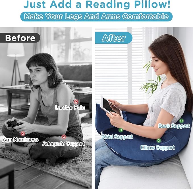 Crochet Lap Support Pillow - Multi-Purpose Reading Pillow for Gaming/Working/Nursing, with Removable Extra Back Pillow for Lumbar & Back Support, Enlarged U-Shape Gaming Lap Pillow, Blue