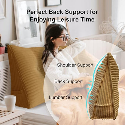 Wedge Headboard Pillow Dorm Room Reading Pillow Back Support for Sitting Up in Bed Bolster Lumbar Cushion Body Positioning Bedrest Corduroy (Khaki, Twin (39 * 8 * 20in))
