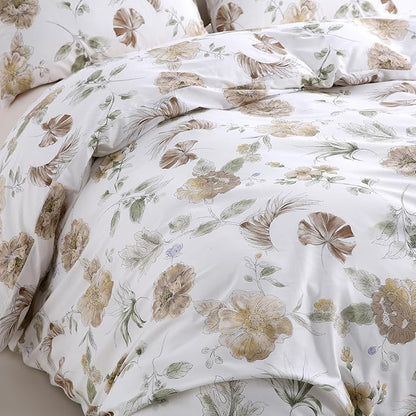Floral Duvet Cover King Size 100% Cotton Duvet Cover Set Khaki and Green Floral Duvet Cover with Zipper Closure & Corner Ties 3 Pcs Soft & Breathable Comforter Cover Sets