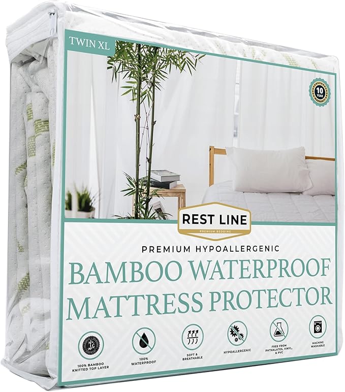 Twin XL Size 39x80” Premium Bamboo Waterproof Mattress Protector, 100% Viscose from Bamboo, Hypoallergenic, Cooling Mattress Pad Cover, Soft & Breathable Fitted Sheet Style up to 18" Deep - Rest Line