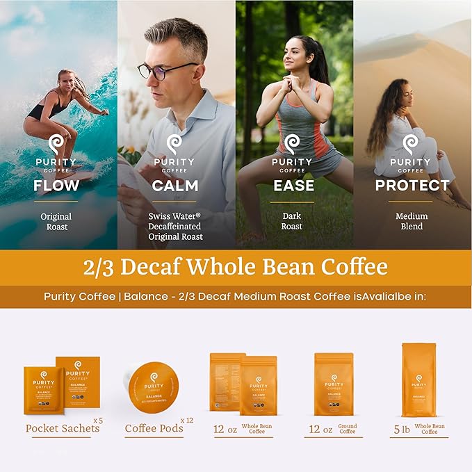Purity Coffee BALANCE 2/3 Decaf Medium Roast Whole Bean Coffee (5lb Bag) - Specialty-Grade Mountain Water Processed Decaf + Regular Arabica Blend- USDA Certified Organic Decaffeinated - Third Party Tested for Mold, Mycotoxins, Pesticide Residue