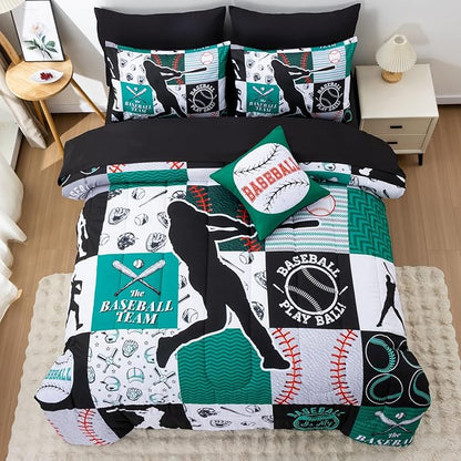 A Nice Night Sports Geometric Grid Black Patchwork Baseball Printed for Boys Twin 6Pcs Bed in A Bag Comforter Bedding Set,Green