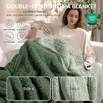 Heated Blanket Electric Blanket Throw - Fast Heating Blanket Throw Double Sided Sherpa Ultra Soft Cozy with 10 Heating Levels & 2-10 Hours Auto Off, Mashine Washable, 50 x 60 Inches, Sage