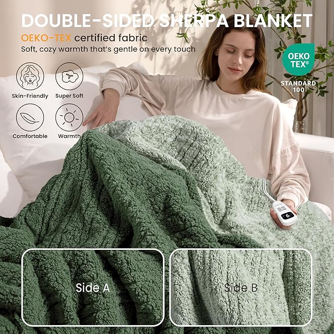 Heated Blanket Electric Blanket King - Fast Heating Blanket Throw Dual Control Double Sided Sherpa with 10 Heating Levels & 2-10 Hours Auto Off, Mashine Washable, 90 x 100 Inches, Sage&Green