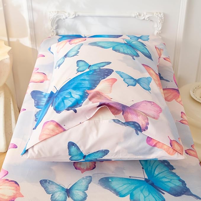 SDIII 4 Piece Butterfly Toddler Bedding Set, Soft Butterfly Toddler Bedding Sets for Girls with Comforter, Fitted Sheet, Flat Sheet and Pillowcase
