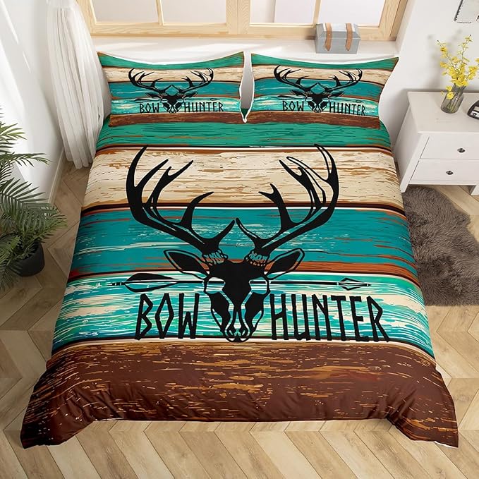 Castle Fairy Farmhouse Rustic Queen Duvet Cover for Kids Boys,Hunting Deer Antlers Skull Bedding Set with 2 Pillowcases Comforter Cover,Retro Animal Hunter Bed Spread Quilt Cover 3pcs,Modern