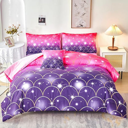 URBONUR Pink Purple Twin Comforter Set 6 Pieces Glitter Colorful Kids Girls Bedding Set (1 Comforter,1 Flat Sheet,1 Fitted Sheet,2 Pillowcases,1 Square Cover)