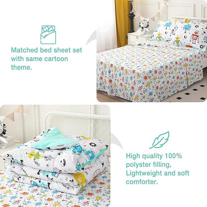 Mooreeke Full Size Comforter Sets for Boys Kids, 8 Pieces Bed in a Bag White Robot Bedding Comforter Sheet Set with Shams and Decorative Toy Pillow, Ultral Soft Microfiber Kids Bed Set
