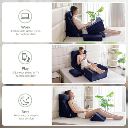 HIGOGOGO 10PCS Orthopedic Bed Wedge Pillow Set – Adjustable Soft Foam Body Positioners for After Surgery Recovery, Back & Leg Pain Relief, Sitting Up in Bed, Acid Reflux & GERD, Navy