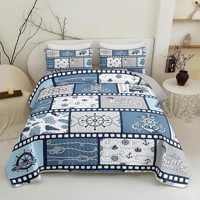 QOOMO Voyage Quilt Set Full/Queen Size,Sailing Bedspread Coverlet Set,Ocean 3Pcs Bedding Set Printed Quilt with 2 Pillowcases,Soft and Lightweight,for All Seasons