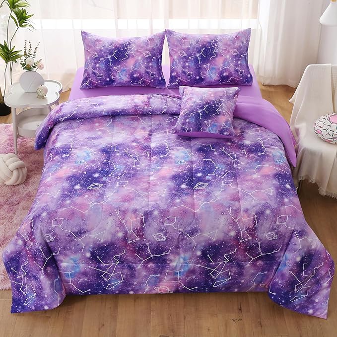Galaxy Constellation Print Comforter Set Twin Girls Gradient Bedding Set,6 Piece Bed in a Bag with Sheet Bedding Gift for Kids(Purple)