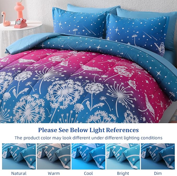 Menghomeus Girls Comforter Set Full Size 7 Pieces Bed in A Bag Ombre Pink Blue Rainbow Bedding Set Dandelion Butterfly Print Kids Bedding Collections
