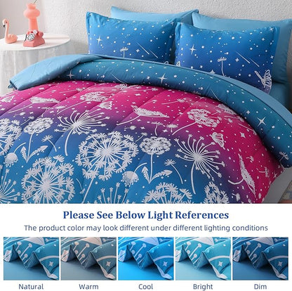 Menghomeus Girls Comforter Set Full Size 7 Pieces Bed in A Bag Ombre Pink Blue Rainbow Bedding Set Dandelion Butterfly Print Kids Bedding Collections