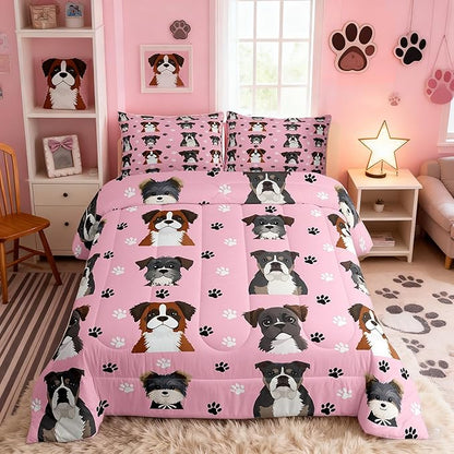 Castle Fairy Cute Dogs Comforter Set Queen Size 3 Pcs,Cartoon Watercolor Puppy Animals Bedding Sets for Kids Girls Teen,Black White Paw Print Quilted Comforter with 2 Pillowcases