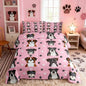 Castle Fairy Cute Dogs Comforter Set King Size 3 Pcs,Cartoon Watercolor Puppy Animals Bedding Set for Kids Girls Teen,Black White Paw Print Quilted Comforter with 2 Pillowcases