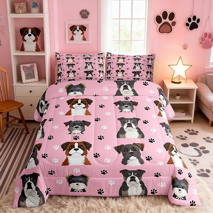 Castle Fairy Cute Dogs Comforter Set Full Size 3 Pcs,Cartoon Watercolor Puppy Animals Bedding Set for Kids Girls Teen,Black White Paw Print Comforter Duvet Set with 2 Pillowcases