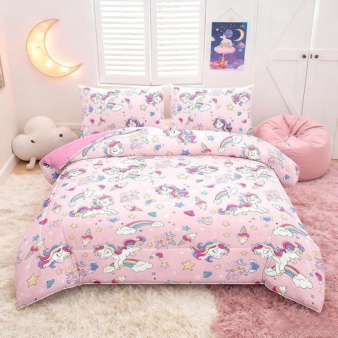 Peopleareok Girls Unicorn Comforter Set Full(79x90 Inch), 3 Piece Cute Pink Purple Unicorn Print Comforter with 2 Pillowcases, Kids Cartoon Kawaii Comforter for Girls Bedroom Decor All Season