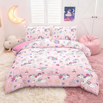 Peopleareok Girls Unicorn Comforter Set Full(79x90 Inch), 3 Piece Cute Pink Purple Unicorn Print Comforter with 2 Pillowcases, Kids Cartoon Kawaii Comforter for Girls Bedroom Decor All Season