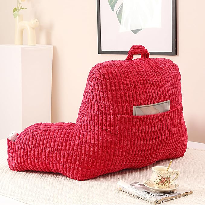 Reading Pillow for Sitting in Bed, Large Backrest Reading Pillow with Arm Rest,Back-Rest Support Cushion for Sit Up on Couch, Sofa, and Floor, Dorm Essentials (Red Corduroy, Standard(17"))
