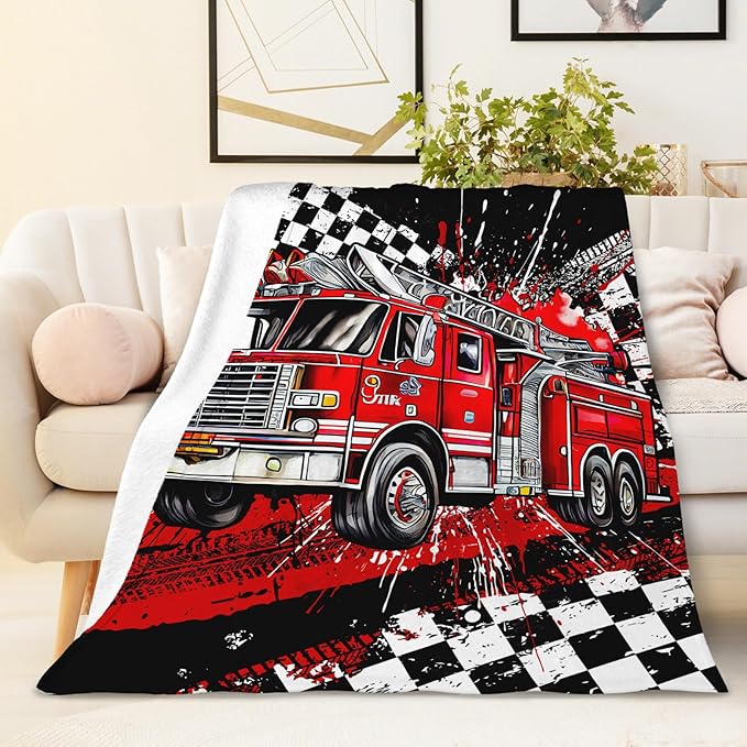 Boys Blanket Gifts Fire Truck Blankets for Kids Teens Adults - 60" x 80" Cool Car Themed Soft Lightweight Flannel Throws for Couch, Sofa, Bed, Bedroom Decor