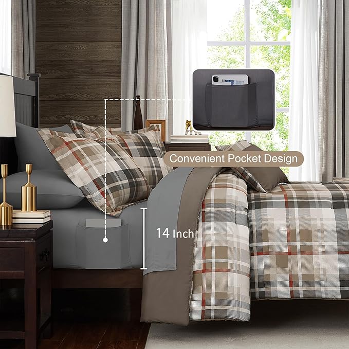 MaiRêve Plaid Queen Comforter Sets Khaki, Classic Farmhouse Bedding Set Bed in A Bag 7 Pieces, Lightweight All Season Comforter Set with Fitted & Flat Sheet, Pillowcases & Shams