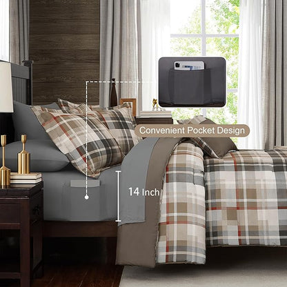 MaiRêve Plaid Queen Comforter Sets Khaki, Classic Farmhouse Bedding Set Bed in A Bag 7 Pieces, Lightweight All Season Comforter Set with Fitted & Flat Sheet, Pillowcases & Shams
