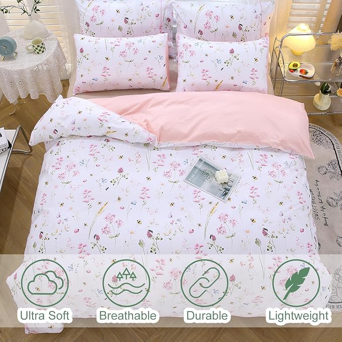 URBONUR Floral Duvet Cover Set King Size Pink 3 Piece Spring Garden Flowers Bee Print Duvet Covers for Girls Women Soft Microfiber Bedding Set