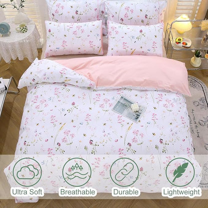 URBONUR Girls Duvet Cover Set Twin Size 3PCS Pink Flowers Cute Animals Bees Printed Bedding Sets for Kids Teen, Soft Wrinkle Fade Resistant Bed Sets for Girls Bedroom Decor