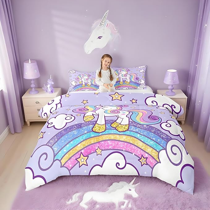 Feelyou Unicorn Bedding Full Bed Sets for Girls Light Purple Cute Unicorn Comforter for Girls Comforter Set Star Print Kawaii Duvet Quilt Bedroom Decor Rainbow Bedding Cartoon Quilt,All Season
