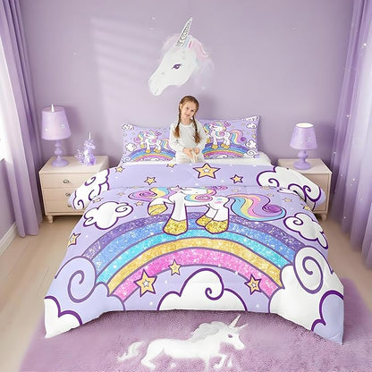 Feelyou Unicorn Bedding Queen Bed Sets for Girls Light Purple Cute Unicorn Comforter for Girls Comforter Set Star Print Kawaii Duvet Quilt Bedroom Decor Rainbow Bedding Cartoon Quilt,All Season