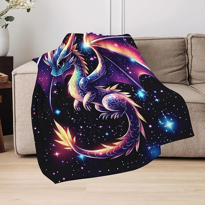 GNEW Cute Galaxy Dragon Throw Blanket, Kawaii Dragon Gifts for Kids, Sparkle Galaxy Starry Stars Animal Print Blanket, Blue Purple Pink Black, 60"x50"