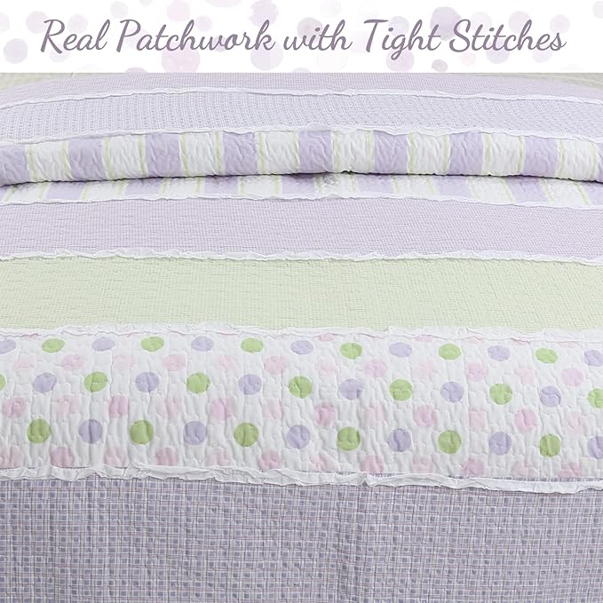 Cozy Line Home Fashions Lavender Green Stripe Dots Girl 100% Cotton Reversible Quilt Bedding Set, All-Season Coverlet Bedspread (Purple Dots, Twin - 2 Piece)