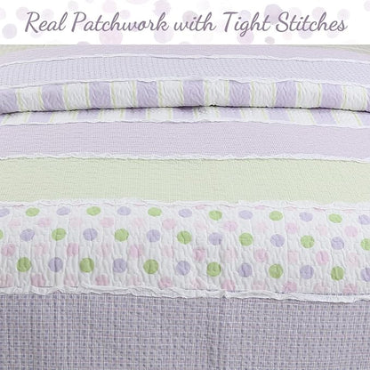 Cozy Line Home Fashions Lavender Green Stripe Dots Girl 100% Cotton Reversible Quilt Bedding Set, All-Season Coverlet Bedspread (Purple Dots, Twin - 2 Piece)