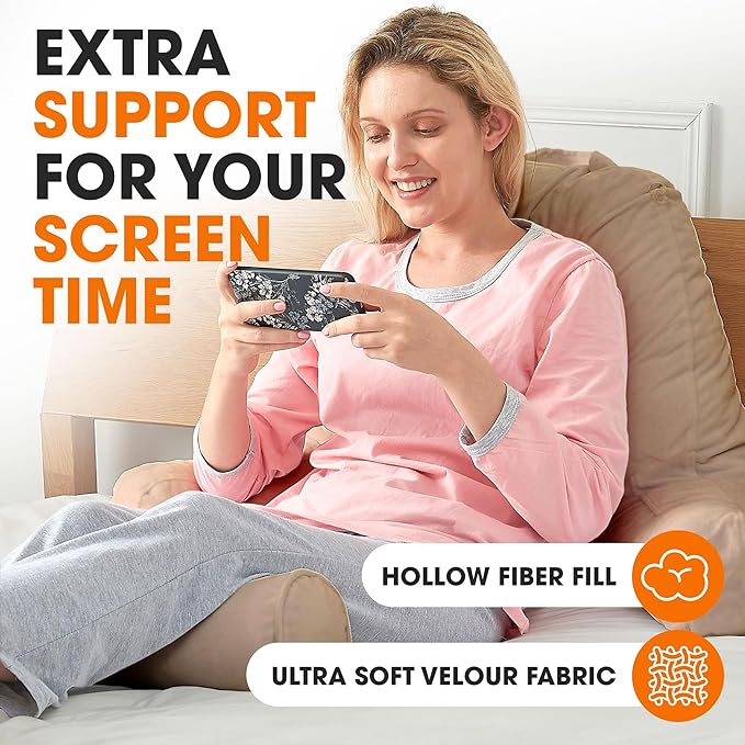 Cheer Collection Reading Pillow Chair - Chair Pillow with Arms and Detachable Neck Bolster for Bed & Couch - Machine Washable, Taupe