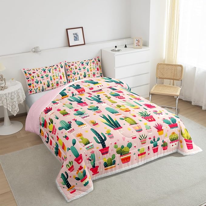 Cute Cactus Bedding Set Twin Size Cartoon Style Botanical Comforter for Child Teens Bohemia Western Exotic Down Comforter Desert Plant Duvet Insert with 1 Pillowcase